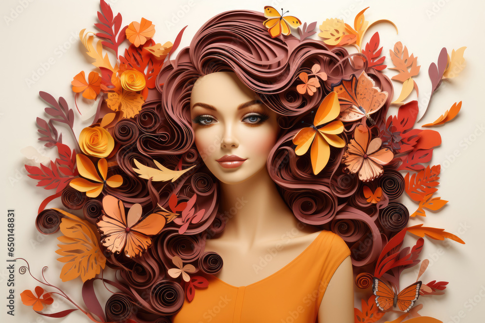 Woman with hair in quilling style with autumn leaves. Concept of art, imagination, creativity