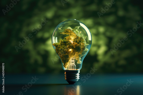 Green World Map in green color light bulb, ecology protection concept