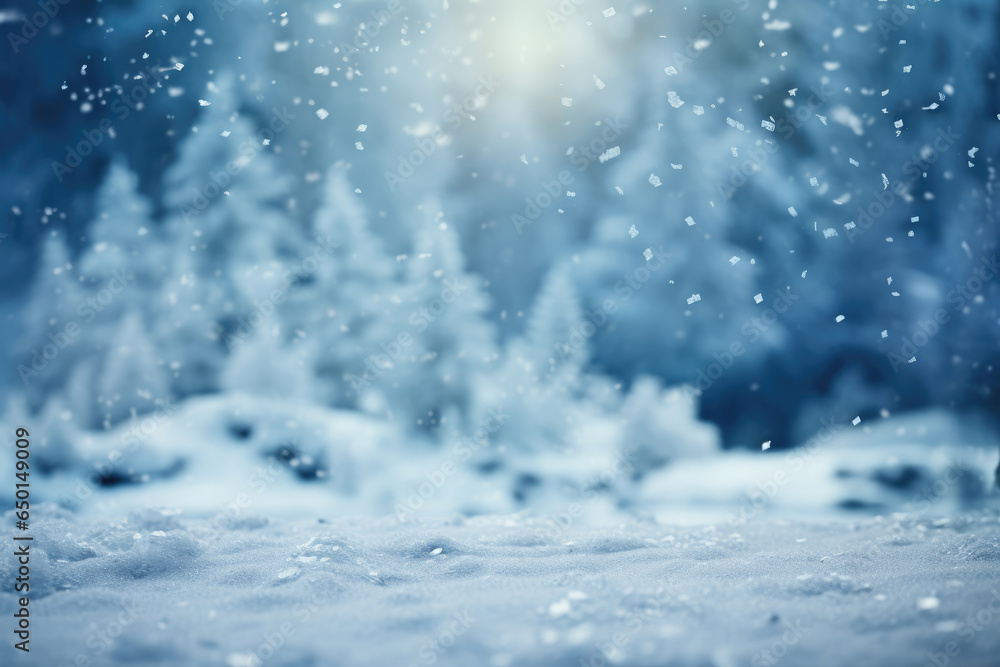 Blue abstract background with snowy forest and snowflakes Blue abstract background with snowy forest and snowflakes