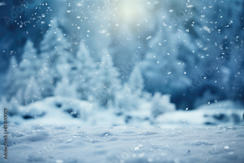 Blue abstract background with snowy forest and snowflakes