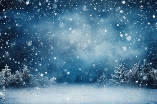 Blue abstract background with snowy forest and snowflakes © Michael