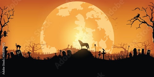 Halloween night banner, Silhouette of lone wolf howling at the full moon in graveyard with tombstones. Vector