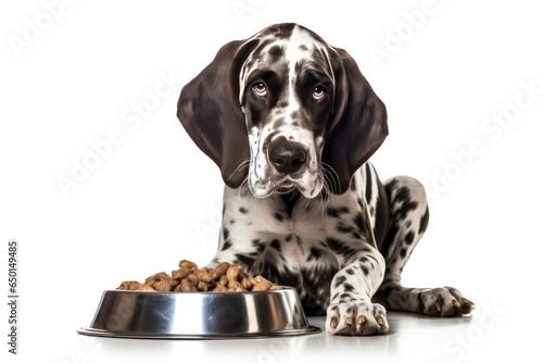 dog sitting with a heap bowl of cat food on white background.
