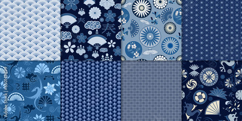 Set collection seamless pattern with traditional ornaments elements symbols of Japanese or Asian culture. Designs with waves flowers clouds folding fans dragons sun. Decorative wallpaper