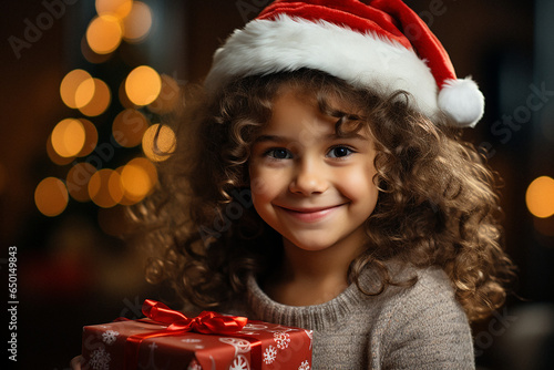 Cute Little Girl in Santa Hat with a Christmas Surprise