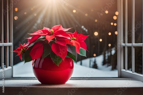 Beautiful poinsettia in on window sill at home, space for text. Traditional Christmas flower