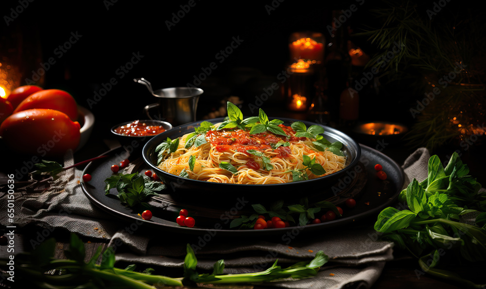Plate of spaghetti with sauce on a dark background.