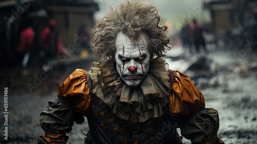 Portrait of a scary clown in the rain. © AS Photo Family