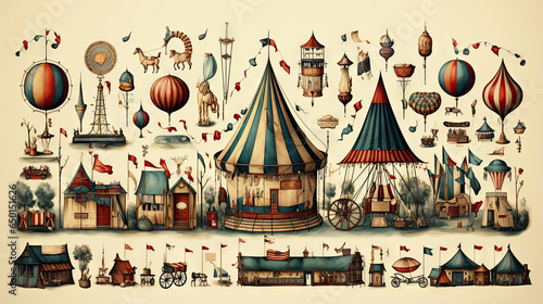 Illustration of a set of vintage circus elements on a white background.