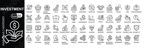 Investment line icon set.  Containing investor, mutual fund, asset, risk management, economy, financial gain, interest and stock icons. 