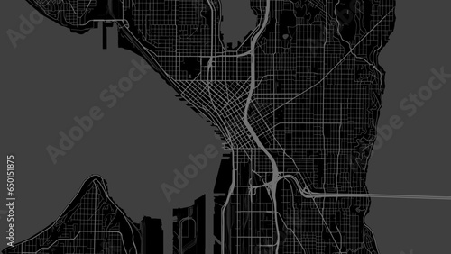 Background Seattle map, United States, black city poster. Vector map with roads and water. Widescreen proportion, flat design roadmap.