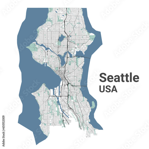 Seattle map, American city. Municipal administrative area map with rivers and roads, parks and railways.