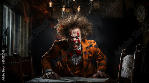 Portrait of a scary clown sitting at the table in a dark room.