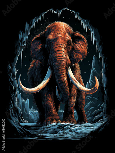 Giant mammoth in cave t shirt design for print design photo