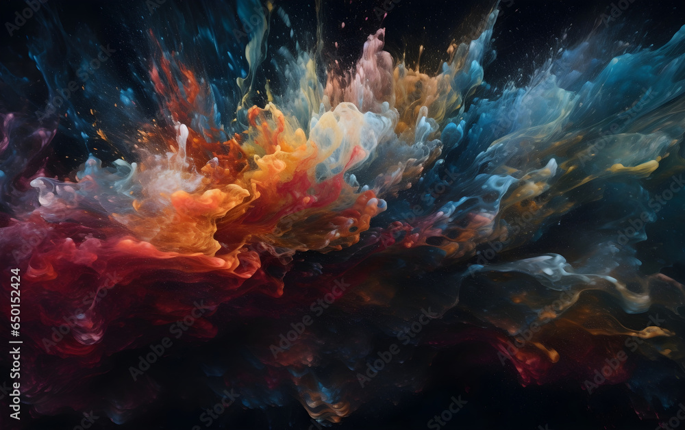 A stormy wave of mist and fluid paints, with a mix of blue, orange, and red colors, Generative AI