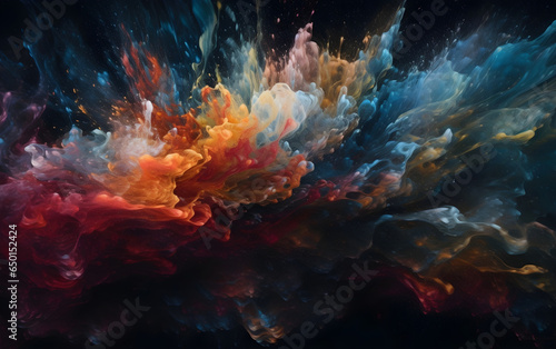 A stormy wave of mist and fluid paints, with a mix of blue, orange, and red colors, Generative AI © Andrii