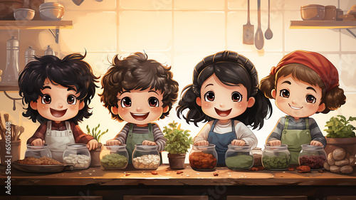 Illustration of happy children playing chef  cooking in the kitchen.