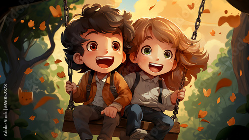 llustration of a happy boy and girl playing outdoors