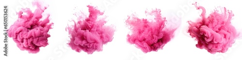 Set of pink smoke explosion freeze in motion on isolated white background, generative ai