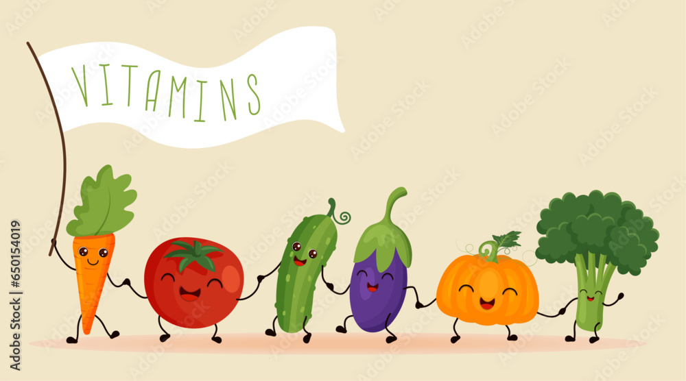 Fototapeta premium Happy vegetables go hand in hand after each other. Vector vegetable isolates in a cartoon style. Vitamins