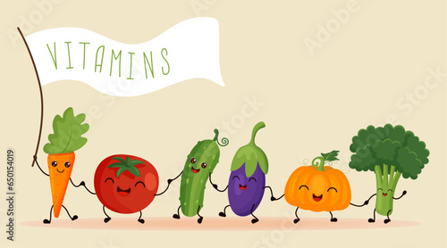 Happy vegetables  go hand in hand after each other. Vector vegetable isolates in a cartoon style. Vitamins