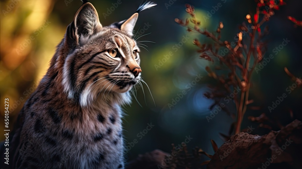 Obraz premium Close-up view of an adult Iberian lynx in a Mediterranean oak forest. World's rarest animal.