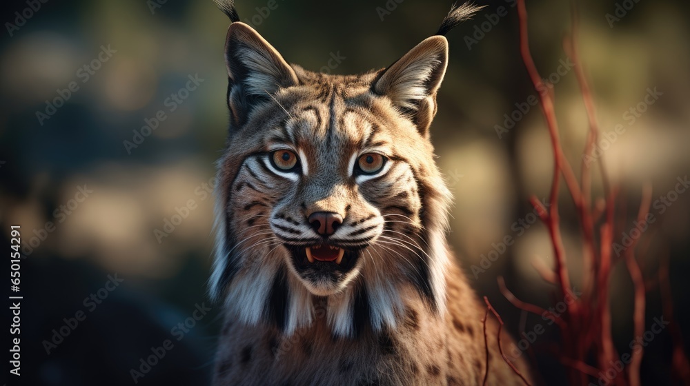 Obraz premium Close-up view of an adult Iberian lynx in a Mediterranean oak forest. World's rarest animal.