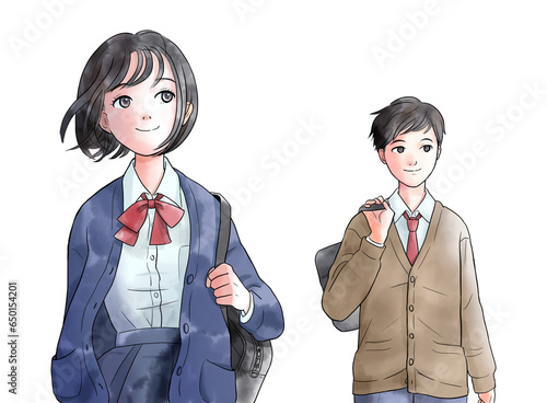 歩く中学生または高校生の水彩風イラスト