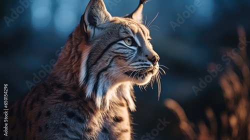 Close-up view of an adult Iberian lynx in a Mediterranean oak forest. World's rarest animal.