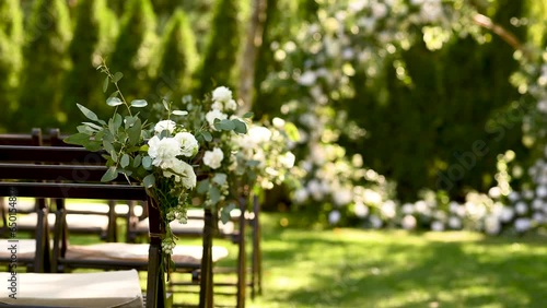 Wedding ceremony. Very beautiful and stylish wedding arch, decorated with various fresh flowers