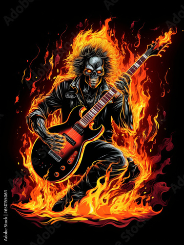 Skull guitarist on fire t shirt design for print design