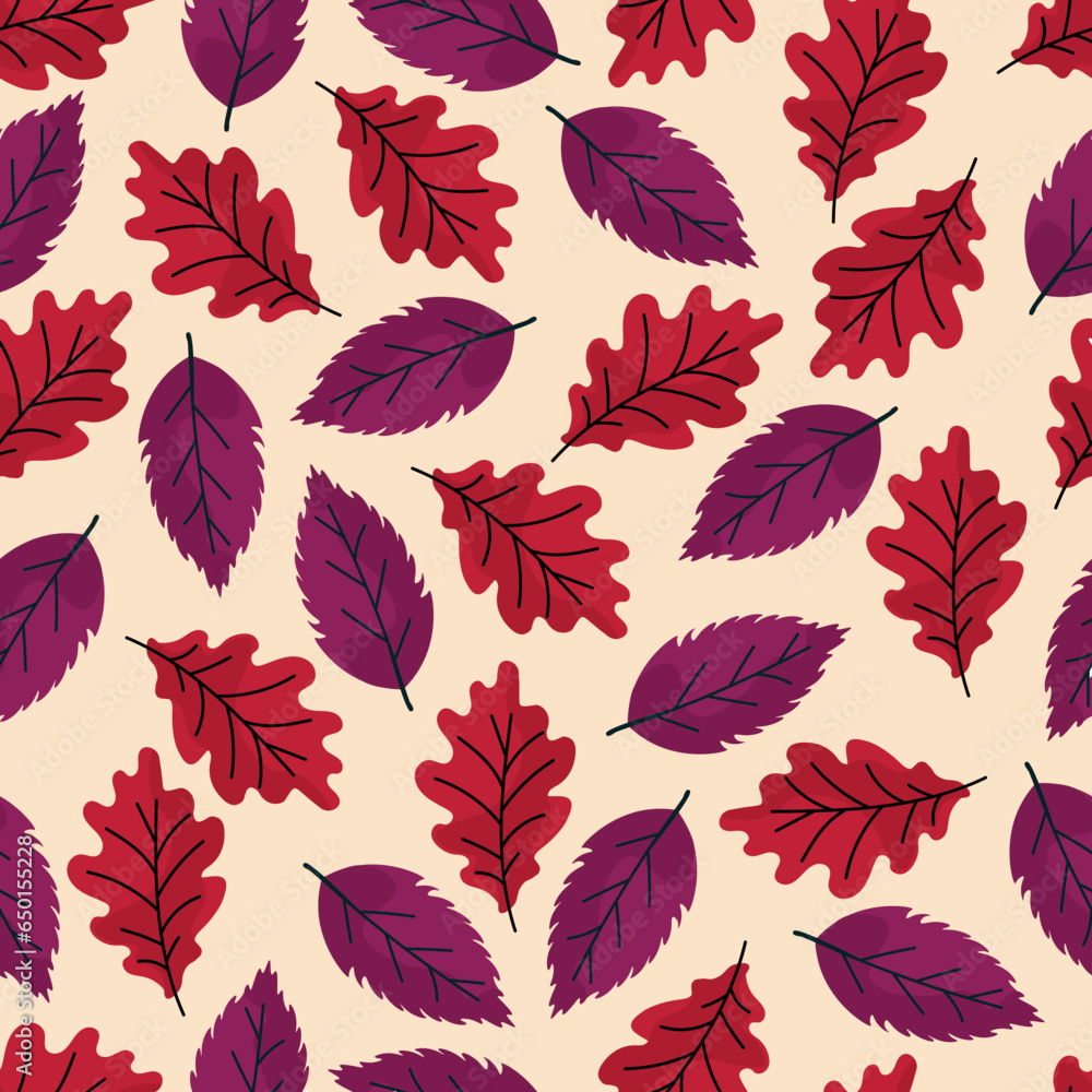 Obraz premium Seamless vector drawing with leaves. Autumn leaves background, design to print on textile, fabric, wallpaper, wrapping paper, greeting cards. Mid-Autumn Celebration.