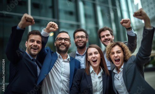 Excited diverse business team employees screaming celebrating good news with their fists up in the air. Business win corporate success, happy colleagues cheering in front of company building.