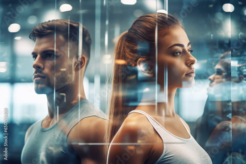 Portrait of handsome male and attractive female athlete standing with their backs against each other in modern gym.