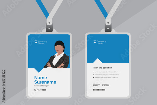 blue corporate id card template, clean id card design with realistic lanyard mockup