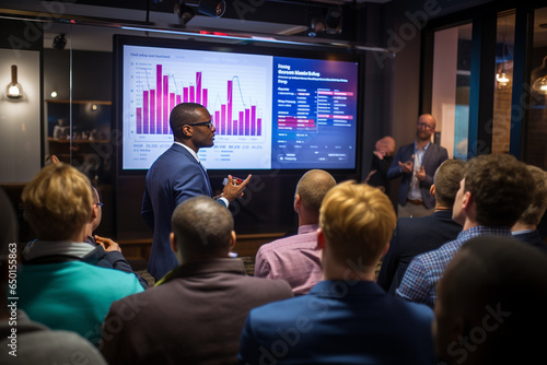 A shot from behind the presenter, capturing the audience's attentive faces as they listen to a business presentation with charts and graphs displayed on a large screen, business me