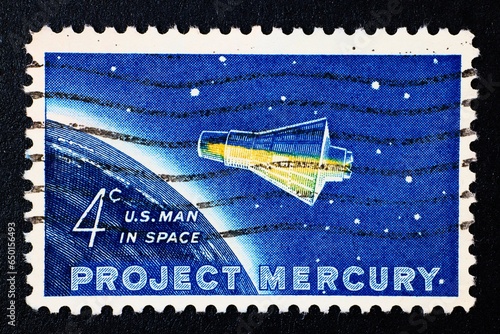 Fototapeta Naklejka Na Ścianę i Meble -  1962 Project Mercury Space Capsule USPS  American 4 Cent Stamp Macro Photograph