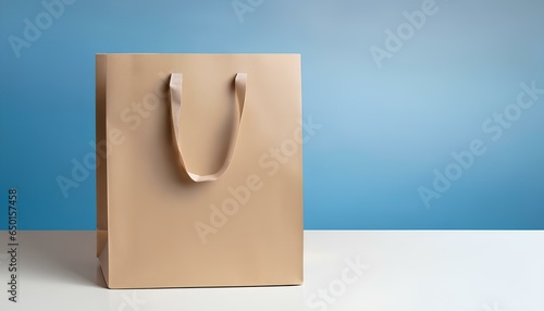 Eco Brown Paper Shopping Bag on White Table with Blue Background, Space for Copy, Sale Banner, Mockup