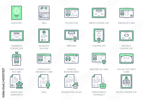 Legal documents line icons. Vector illustration include icon - permission, employment, residence permit, passport, agreement outline pictogram for bureaucracy. Green Color, Editable Stroke