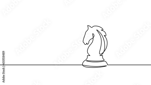 One line chess knight silhouette drawing. Continuous line sketch play strategy game graphic object element business concept. Simple outline vector illustration