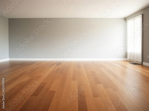 Empty gray wall room with wooden floor. Contemporary interior background.