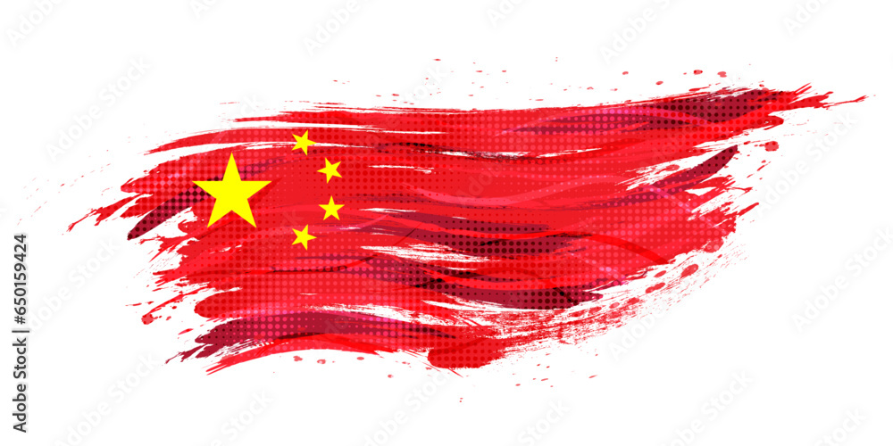 Flag of China with Brush Paint Style and Halftone Effect. China National in Grunge Brush Stroke Concept Isolated on White Background Flag of China with Brush Paint Style and Halftone Effect. China National in Grunge Brush Stroke Concept Isolated on White Background