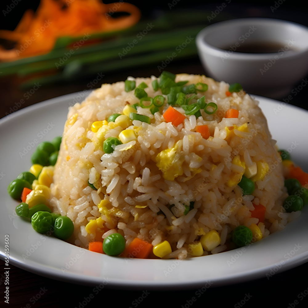 Fried rice with vegetables and soy sauce on a dark background. Fried rice with vegetables and soy sauce on a dark background.