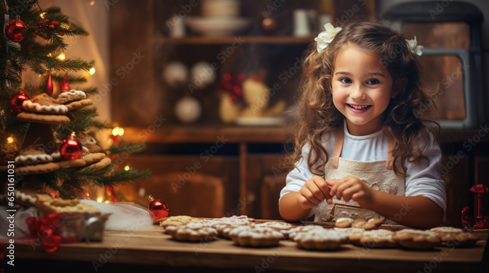 Happy funny little girl bake christmas cookies on cozy kitchen at home . Happy funny little girl bake christmas cookies on cozy kitchen at home .