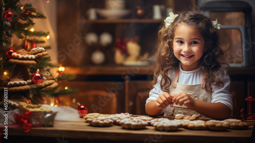 Happy funny little girl bake christmas cookies on cozy kitchen at home .