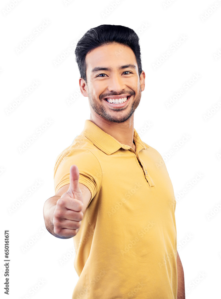 Φωτογραφία Happy asian man, portrait and thumbs up for winning or success isolated on a transparent PNG background