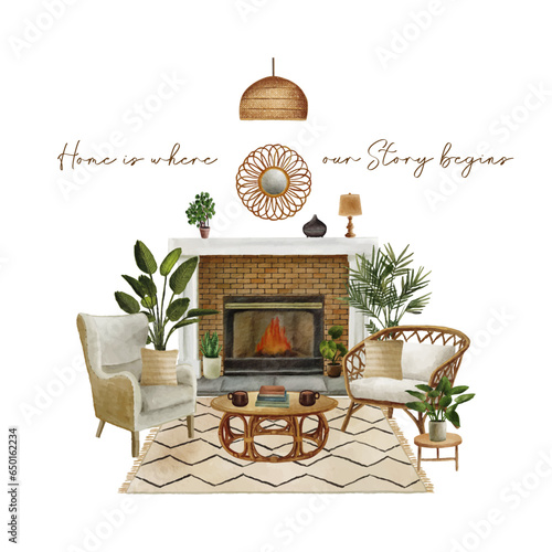 Scandinavian cozy home interior decoration watercolor illustration
