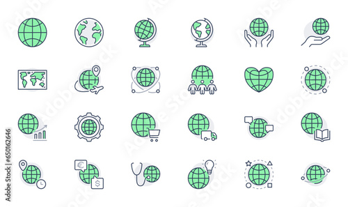 Globe line icons. Vector illustration include icon - international communication, teamwork, ecology, earth, travel outline pictogram for worldwide cooperation. Green Color, Editable Stroke
