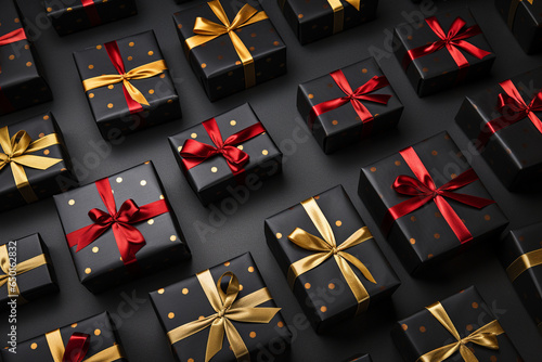 A festive banner featuring black gift boxes wrapped with red and gold accents, setting the tone for a joyful Black Friday shopping experience, Black Friday, Black Friday Sale