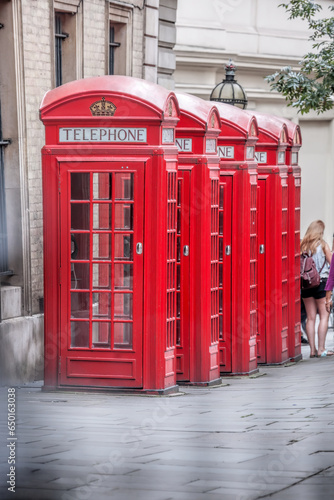 Famous red telephone booths in Covent Garden street  London  England  United Kingdom